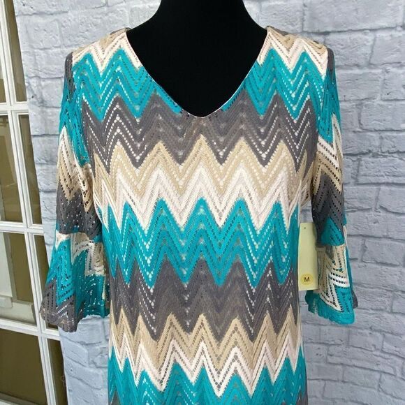 Tacera open knit fully lined 3/4 bell sleeve chevron print dress women sz Med - Picture 14 of 14